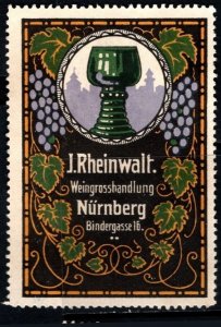 Vintage Germany Poster Stamp J. Rheinwalter Wine Wholesaler Nuremberg