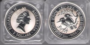 1994 Australia, 2 Dollars,The Australian Kookaburra, 2 oz Silver - 999 -BU