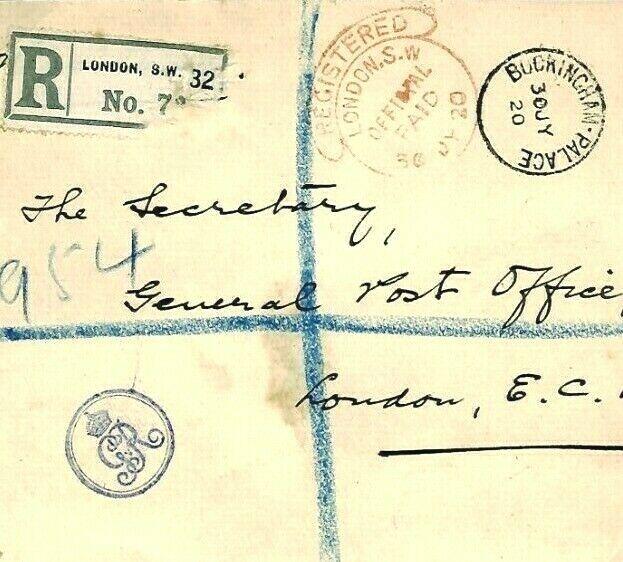 GB ROYALTY Buckingham Palace Registered Mail GvR Cypher 1920 R220