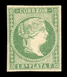 Philippines #20 Cat$200, 1863 1r green, hinged pencil notation on gum