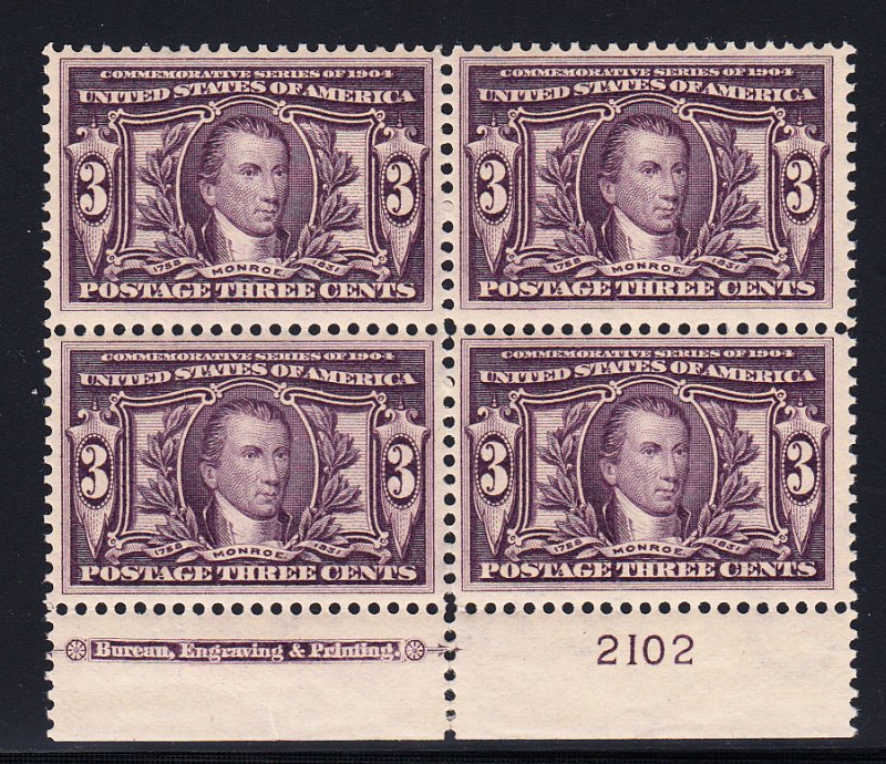 US #325 XF/NH Plate block of 4,