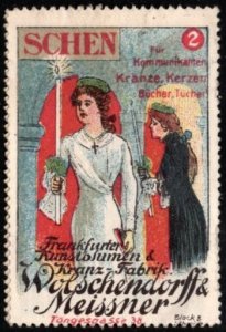 Vintage Germany Poster Stamp For Communicant Wreaths, Candles Books Factory