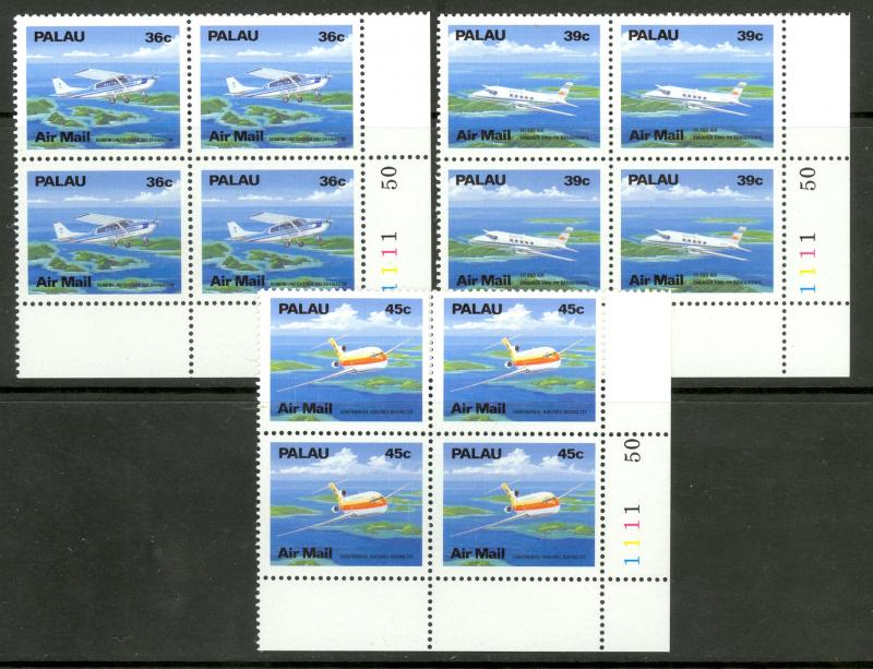 PALAU 1989 AIRCRAFT Set in PLATE NUMBER BLOCKS OF 4 Sc C18-C20 MNH