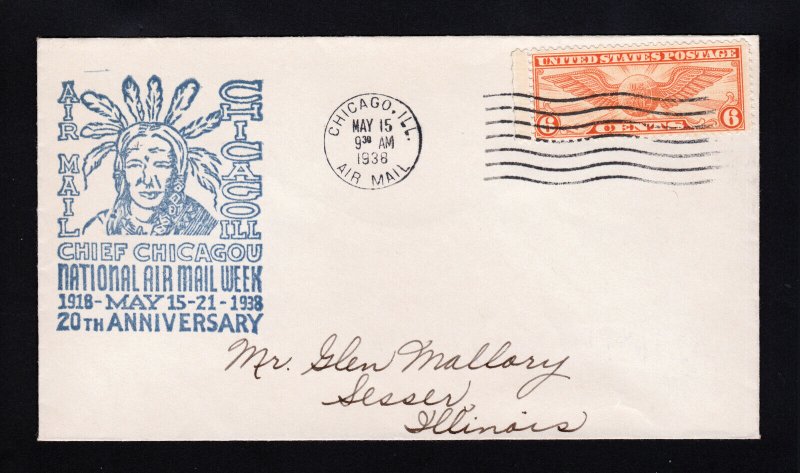 US COVER SCOTT #C19 CHICAGO IL NATIONAL AIR MAIL WEEK ⭐ CHIEF CHICAGOU ⭐ 1938