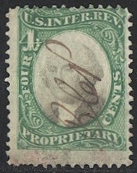 US Proprietary stamp, Sc RB4a Used 4c  F, pen cancel, cv $16