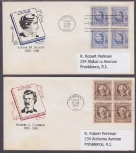 US Sc 859-863 FDCs. 1940 Famous American Authors, Blocks cplt on matched FDCs