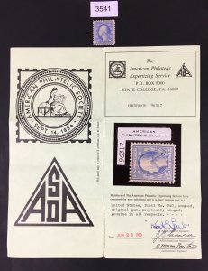 US STAMPS # 340 MINT OG LH VF *** APS CERT *** CAT. $68 LOT #3541