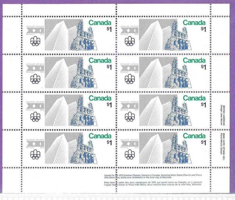 1976    CANADA  -  SG.  836 SHEETLET  -  SUMMER OLYMPICS  -  MNH