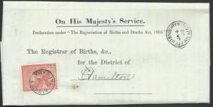 TASMANIA 1906 Birth notice ELLENDALE cds to Hamilton T perfin 1d...........58973