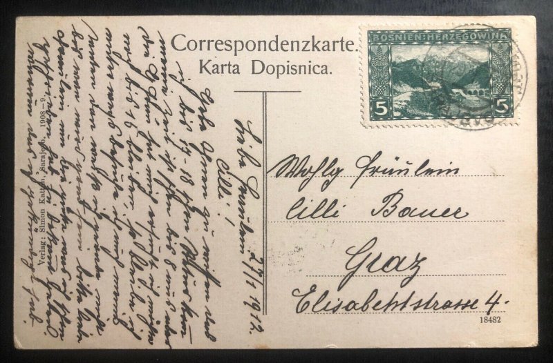 1912 Sarajevo Bosnia Herzegovina KUK Military PO Postcard Cover To Graz Austria