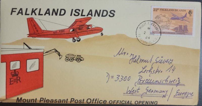 O) 1984 FALKLAND ISLANDS, POST OFFICE OFFICIAL OPENING, JET, SHIP, CIRCULATED TO