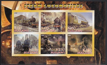 Malawi 2008 MNH Sheet of 6 Steam Locomotives IMPERF Cinderella