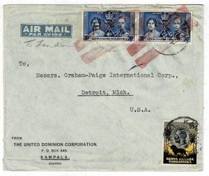 K.U.T. 1937 Kampala cancel on cover to the U.S.