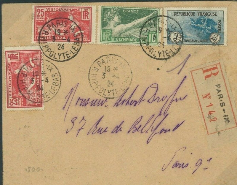 FRANCE Cover HIGH VALUES CHARITY *WAR ORPHANS* 5F SCARCE Paris Reg'd 1924 F50b