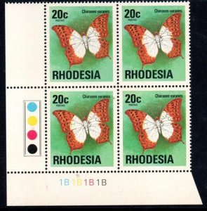 Rhodesia - 1974 20c Butterfly brown gum 1B Plate Block MNH** SG 503