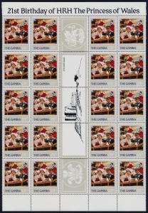 Gambia 447-50 Gutter strips of 20 MNH Princess Diana 21st Birthday, Crest