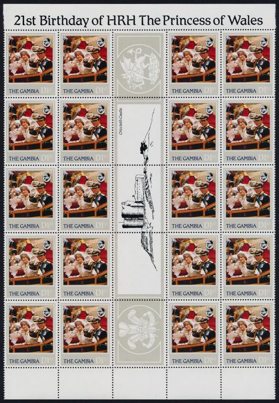 Gambia 447-50 Gutter strips of 20 MNH Princess Diana 21st Birthday, Crest