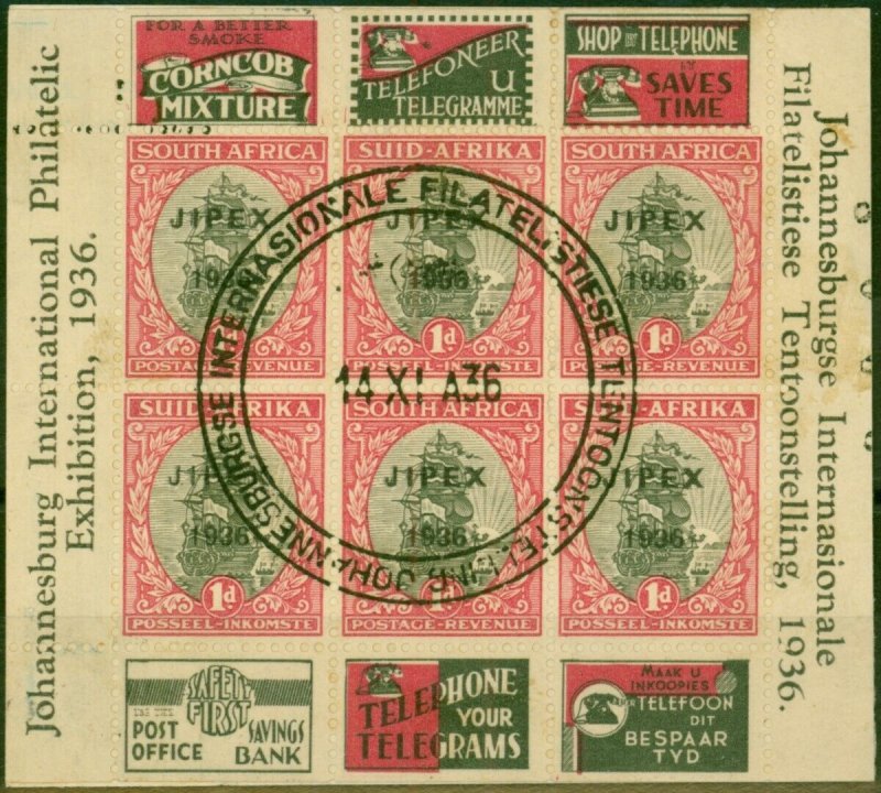 South Africa 1936 1d Grey & Carmine Jipex SGMS90 Fine Used Stuck to Card