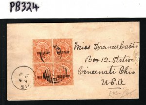 ST KITTS Cover 1½d Block{4} WAR TAX Overprint USA Cincinnati 1919{samwells}PB324