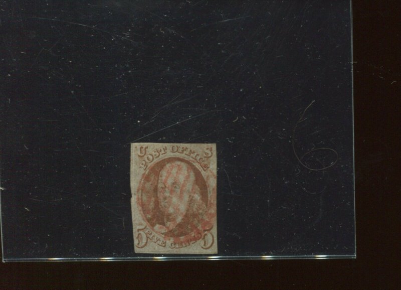 Scott 1 Franklin Imperf Used Stamp w/Boston & Albany RR Criss-Cross Cancel 1-204