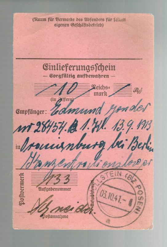 1941 Germany Oranienburg Concentration Camp money order Receipt KZ Edmund Gonder