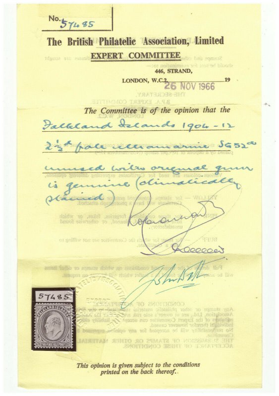 FALKLAND ISLANDS SC.25a 1904 KE VII MH W/CERTIFICATE CAT. $300.00 GE3