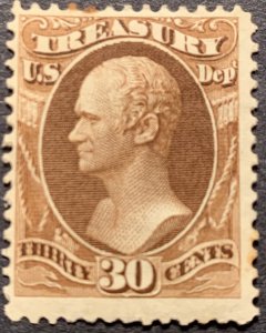 #O81 – 1873 30c brn, treasury department.  Mint LH. OG.