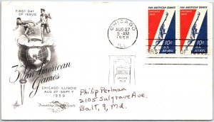 U.S. FIRST DAY COVER PAIR OF 10c PAN AMERICAN GAMES AIRMAIL ARTCRAFT CACHET 1959