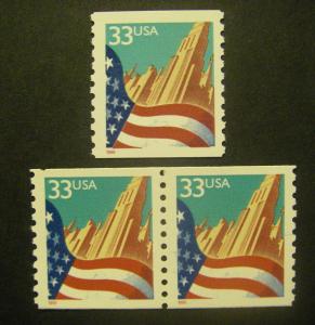 Scott 3280, 33 cent Flag over City, Pair & Single, MNH