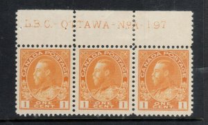 Canada #105 Very Fine Never Hinged Plate #A197 Strip Of Three - Lightly Hinged