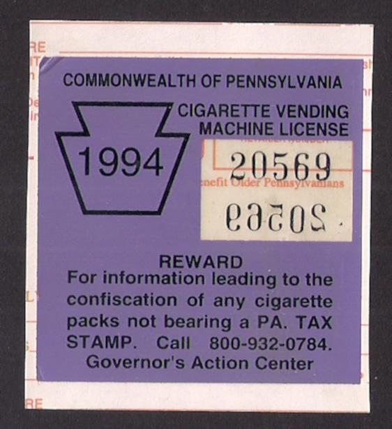 PA Cigarette Machine 1994 Tax stamp Used State Revenue