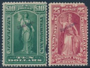 #PR118SE, PR122SE 25¢ & $10 1895 NEWSPAPER SPECIMENS SMALL FAULTS CV $250 AU513