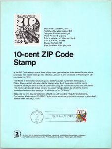 USPS SOUVENIR PAGE 10-CENT ZIP CODE STAMP 1974