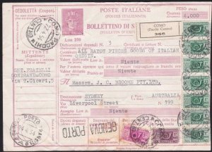 ITALY 1954 stamped parcel card Como to Australia...........................B2785