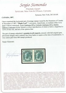 Canada #67a Very Fine Mint Full Original Gum Lightly Hinged Imperf Pair *Cert.*