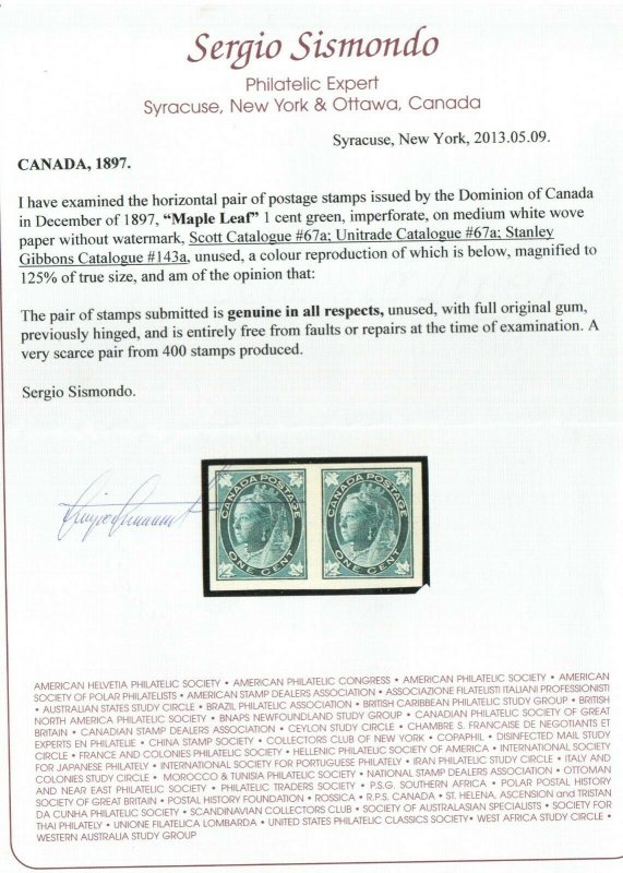 Canada #67a Very Fine Mint Full Original Gum Lightly Hinged Imperf Pair *Cert.*