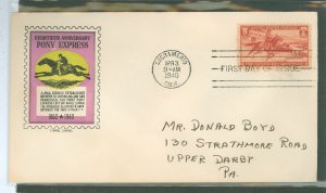 US 894 1940 80th Anniversary Of The Pony Express Single On An Addressed FDC With A Grundel Cachet And A Sacramento, CA Cancel