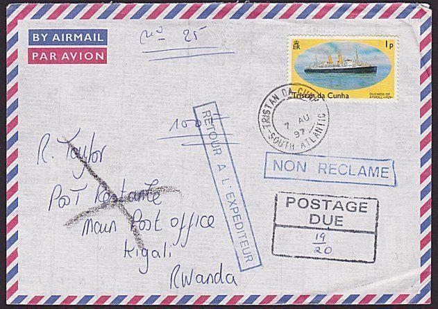 TRISTAN DA CUNHA 1997 Returned postage due cover to RWANDA..................6215