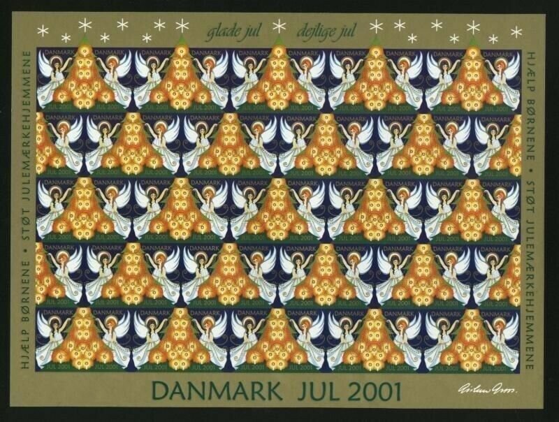 Denmark. Christmas Sheet  Unfolded Mnh. 2001 Imperforated. Angels.Christmas Tree