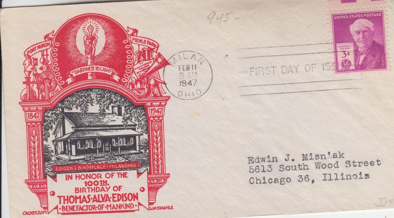 1947 USA Thomas Alva Edison - Staehle (Scott 945) TA FDC