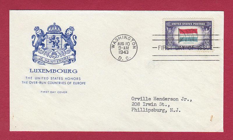 1943 5c LUXEMBOURG, Overrun Countries #912, FDC, Farnam