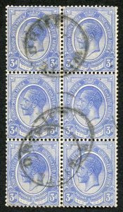 South Africa SG9 1913 3d Ultramarine Used bock of SIX