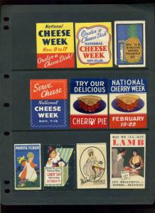 OLD FOOD RELATED POSTER STAMPS CHEESE, MILK, FRUIT, CANDY, PURITAN JELLY, ETC