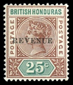 British Honduras 1899 QV 25c red-brown & green REPAIRED S variety. SG 68c