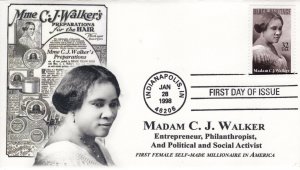 AO-3181-3, 1998, Madam C.J. Walker Standard Postmark, First Day Cover, Add-on Ca