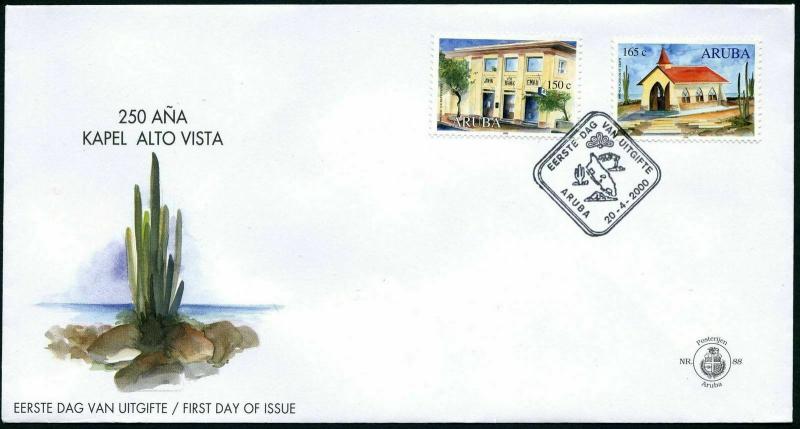 Aruba 195-196 FDC. Aruba Bank,75th Ann.Alto Vista Church,250th Ann.2000.