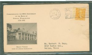 US 715 1932 10c Washington Bicentennial (single) on an addressed (typed) first day cover (with edge wrinkles) with a rice cachet