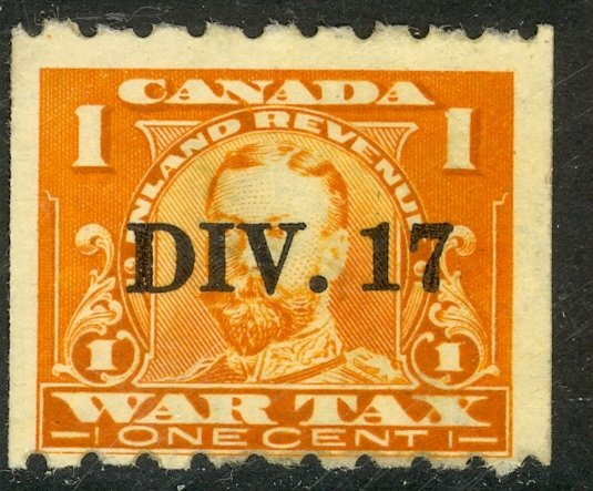 CANADA REVENUES 1915 1c KGV WAR TAX Coil w DIV 17 Precancel VDM. FWT17a MH