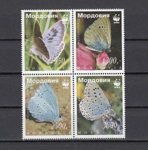 Mordovia, 208-211 Russian Local. Butterfly on a blk of 4. W.W.F. Logo. ^