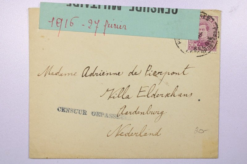 Belgium 1916 Censor Cover to Netherlands / Nice Marks - L39261